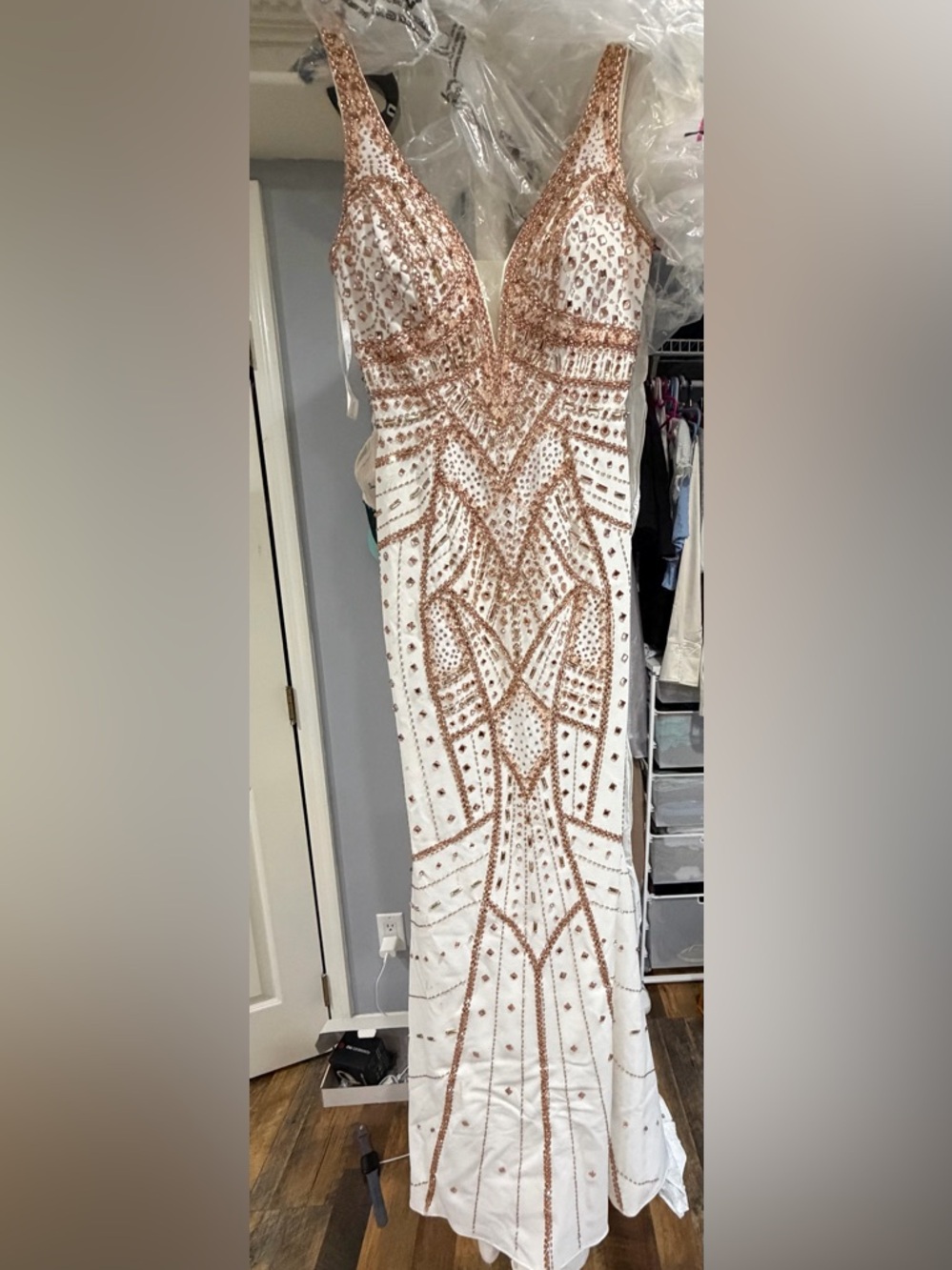 Tony Bowls Gown with Rose Gold Beading